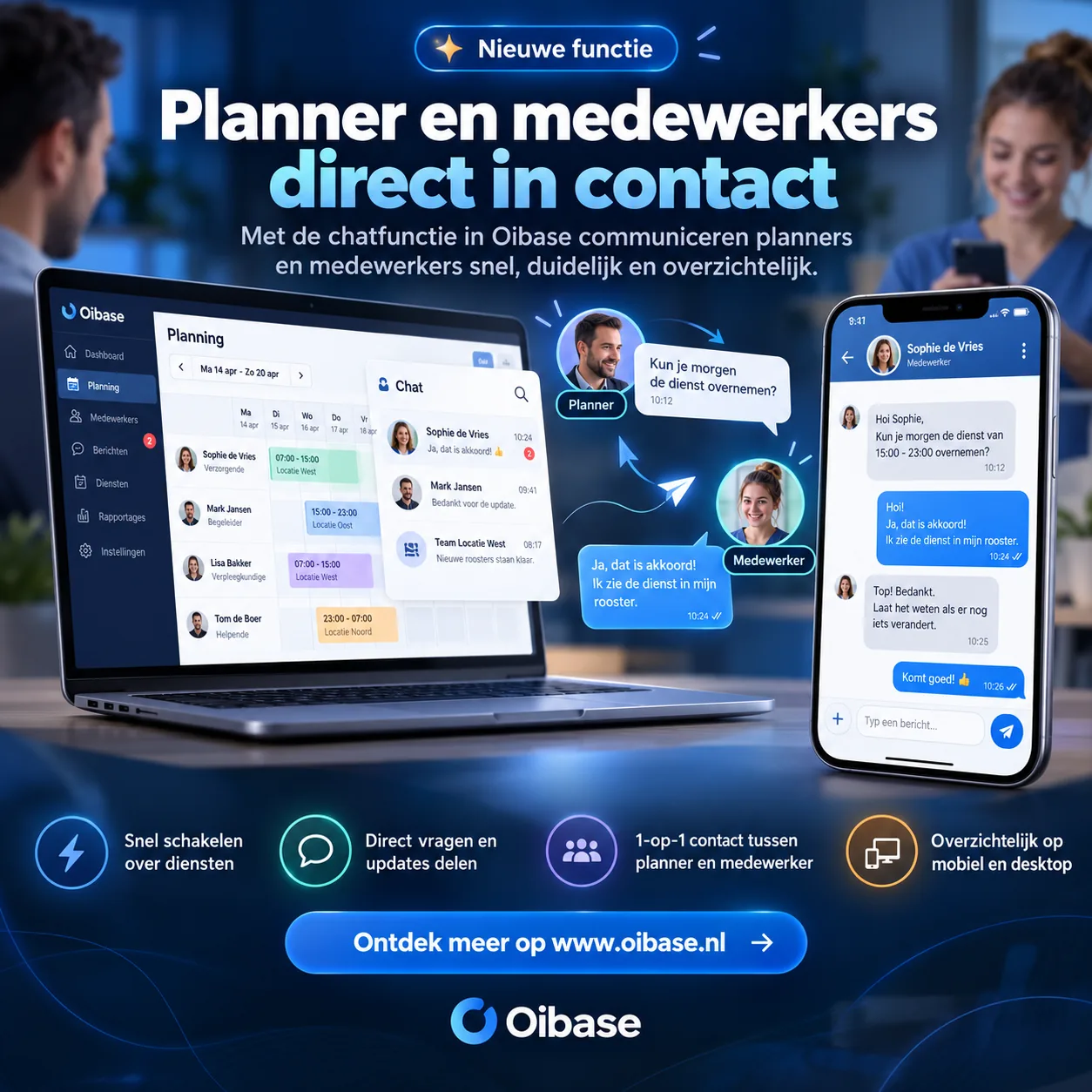 Nieuwe functie: planner en medewerkers direct in contact. Met de chatfunctie in Oibase communiceren planners en medewerkers snel en overzichtelijk, op mobiel en desktop.